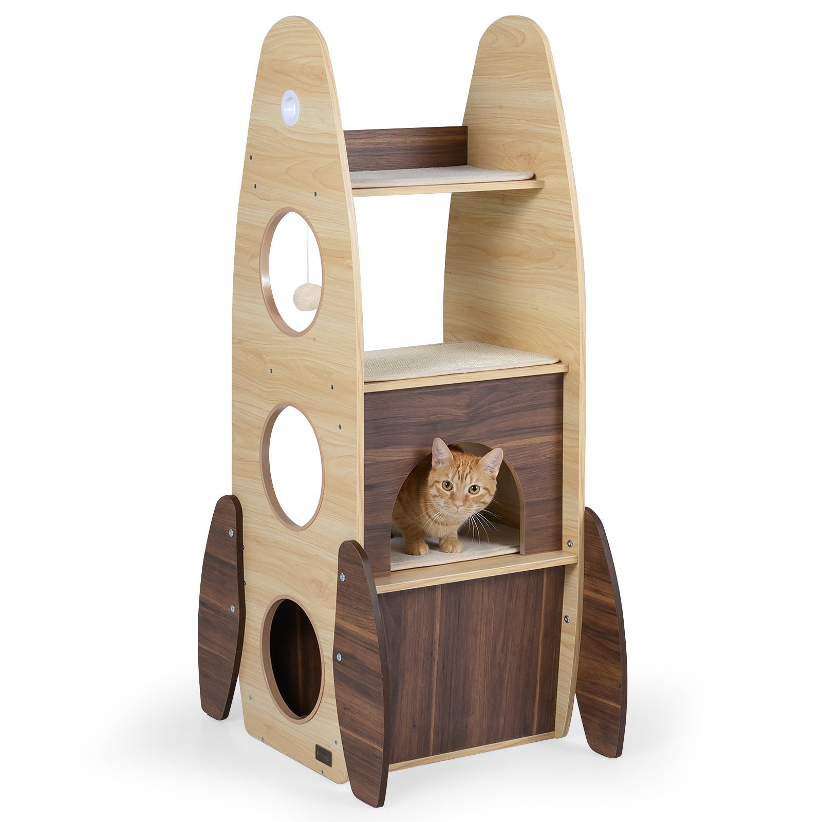 Rocket Cat Tree 47 Inch Large Wooden Cat Tower for Indoor Cats-Natural - Majestic Pet Kingdom