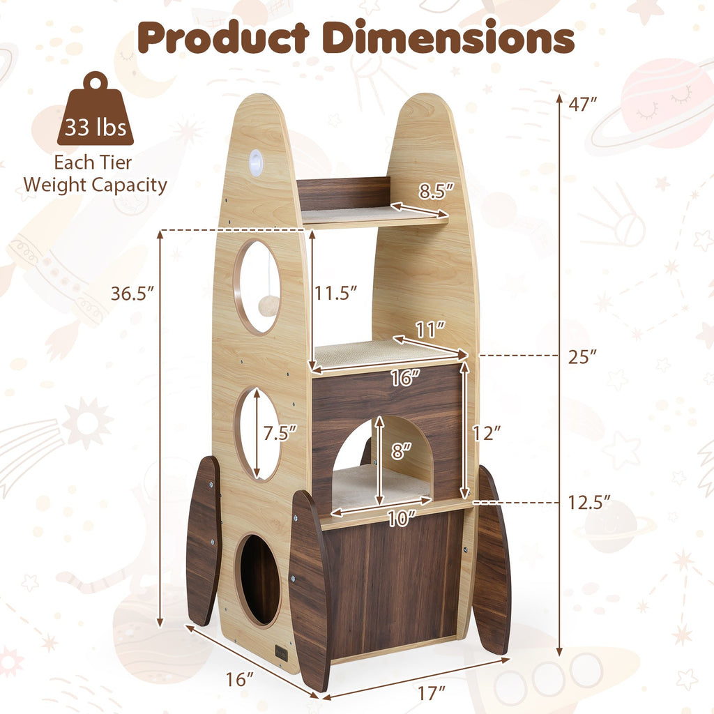 Rocket Cat Tree 47 Inch Large Wooden Cat Tower for Indoor Cats-Natural - Majestic Pet Kingdom