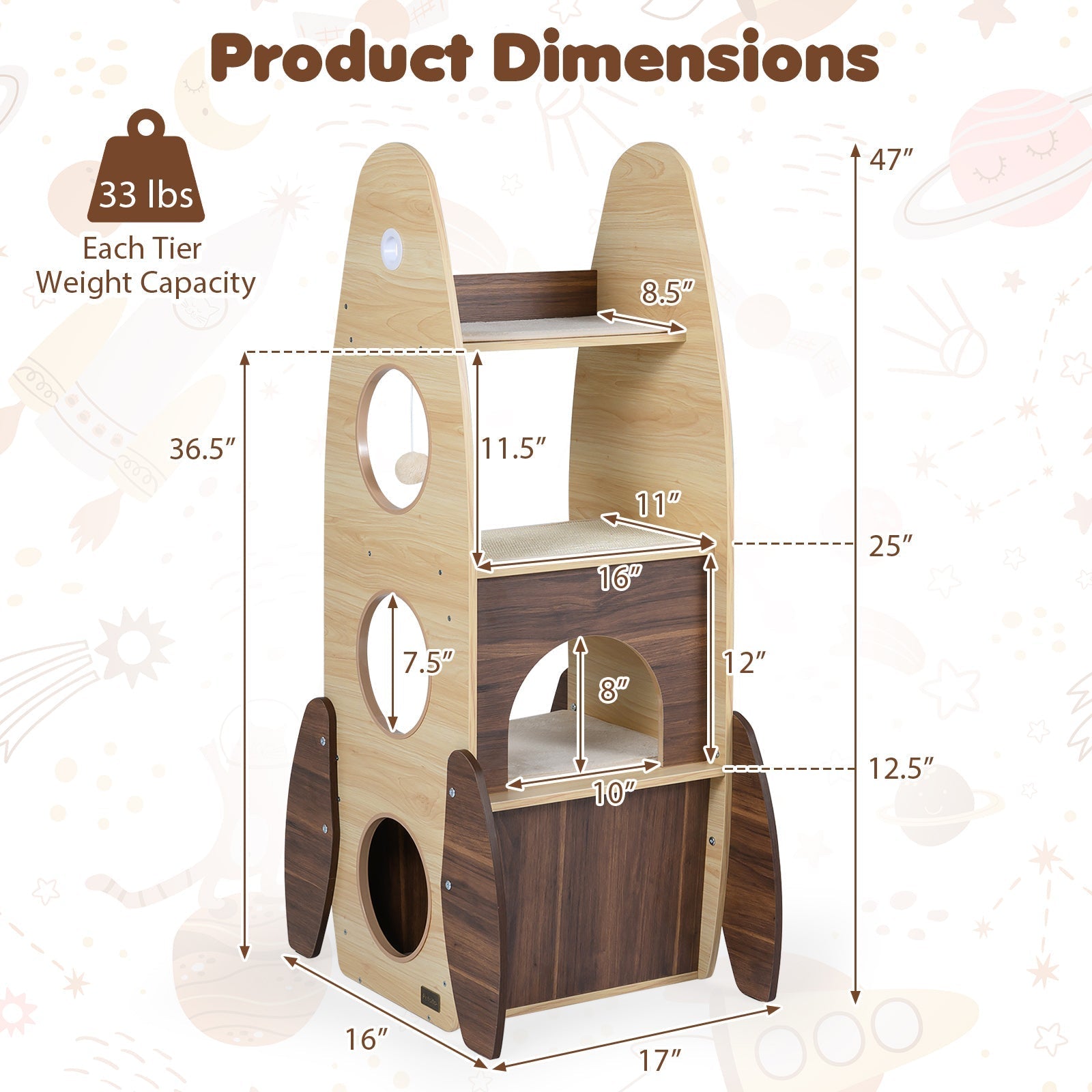 Rocket Cat Tree 47 Inch Large Wooden Cat Tower for Indoor Cats-Natural - Majestic Pet Kingdom