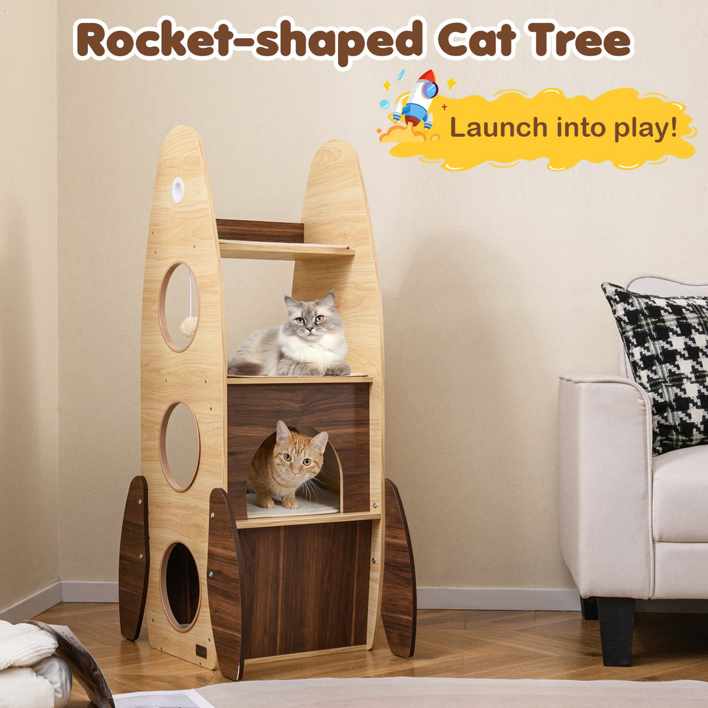 Rocket Cat Tree 47 Inch Large Wooden Cat Tower for Indoor Cats-Natural - Majestic Pet Kingdom