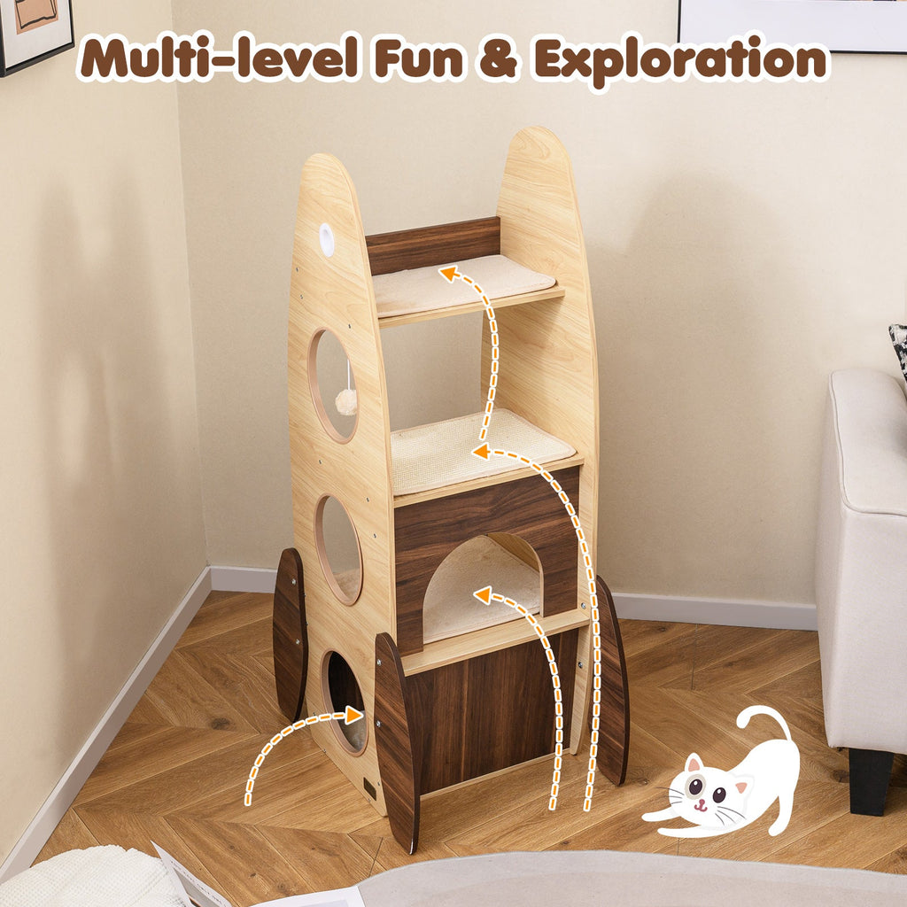 Rocket Cat Tree 47 Inch Large Wooden Cat Tower for Indoor Cats-Natural - Majestic Pet Kingdom