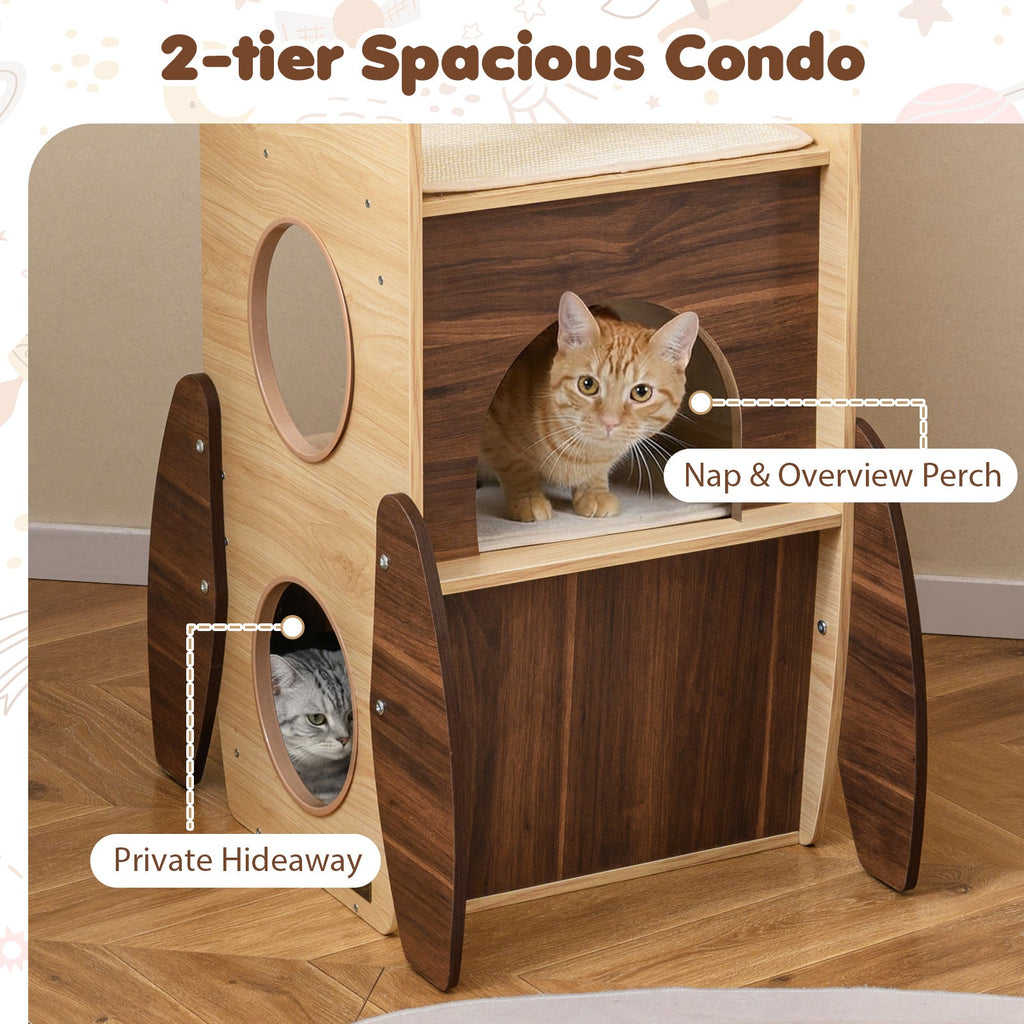 Rocket Cat Tree 47 Inch Large Wooden Cat Tower for Indoor Cats-Natural - Majestic Pet Kingdom