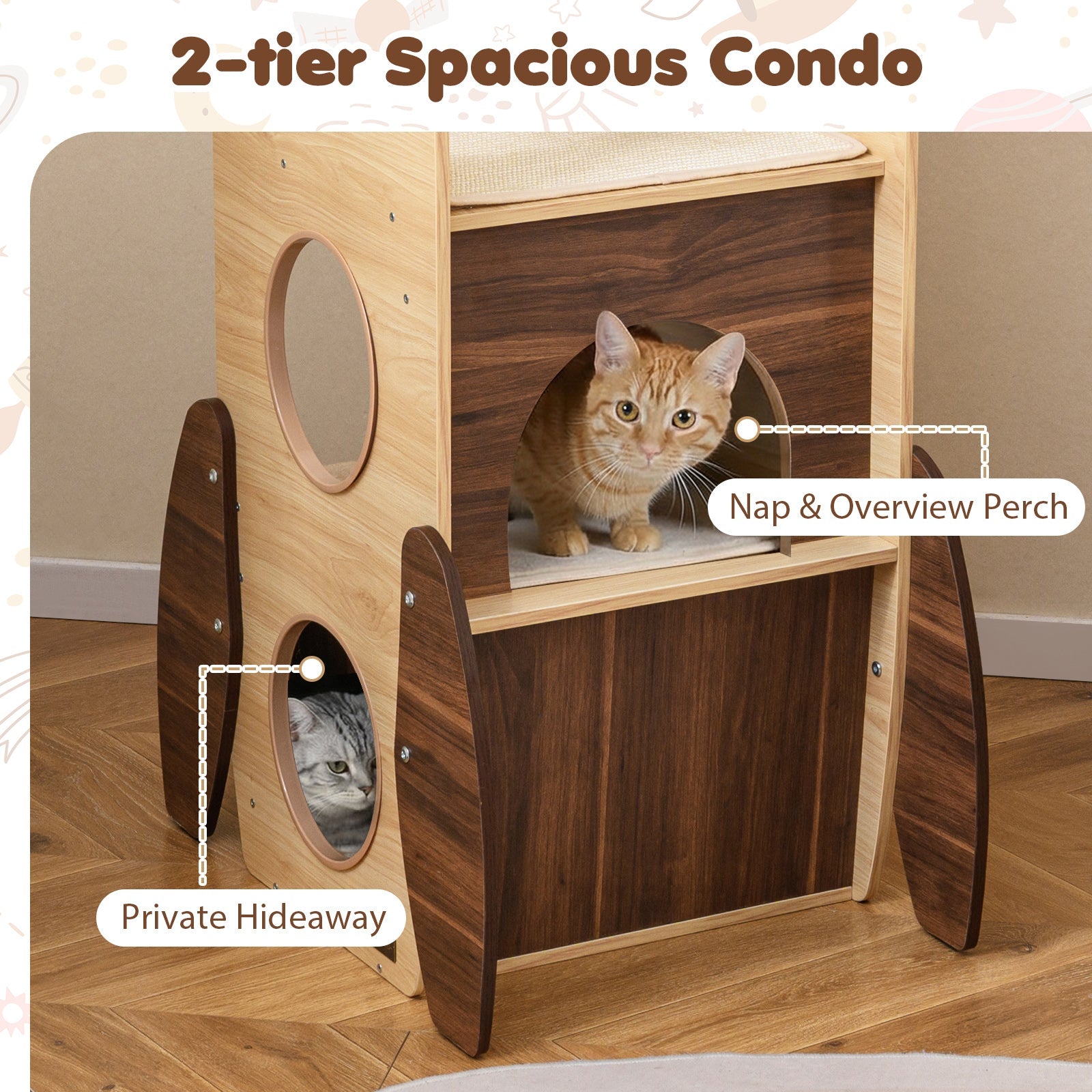 Rocket Cat Tree 47 Inch Large Wooden Cat Tower for Indoor Cats-Natural - Majestic Pet Kingdom