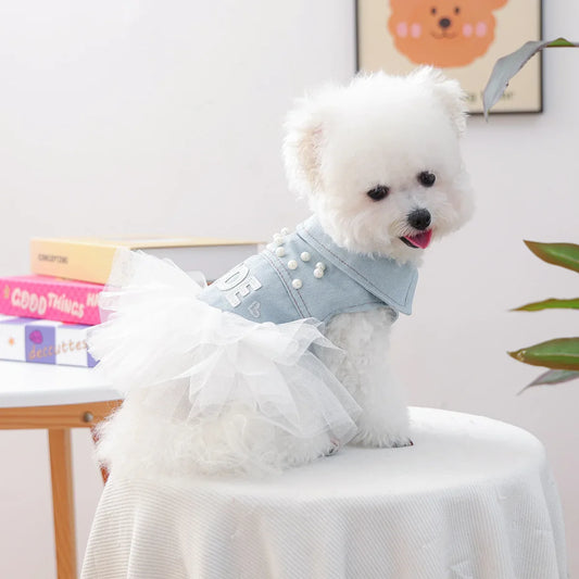 Bride Apparel For Dogs Autumn Denim Coat With Tutu Skirt Pet Dresses For Small Puppy Animal Cat Dachshund Suit Chihuahua Clothes - White | Purrfect Pet Kingdom