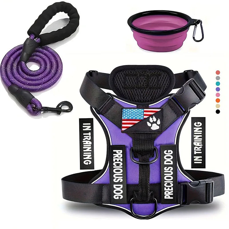 Service Dog Harness & Leash Set with 1pc Folding Bowl Reflective Adjustable Dog Vest Harness Soft Oxford Pet Harness For Small M - Majestic Pet Kingdom