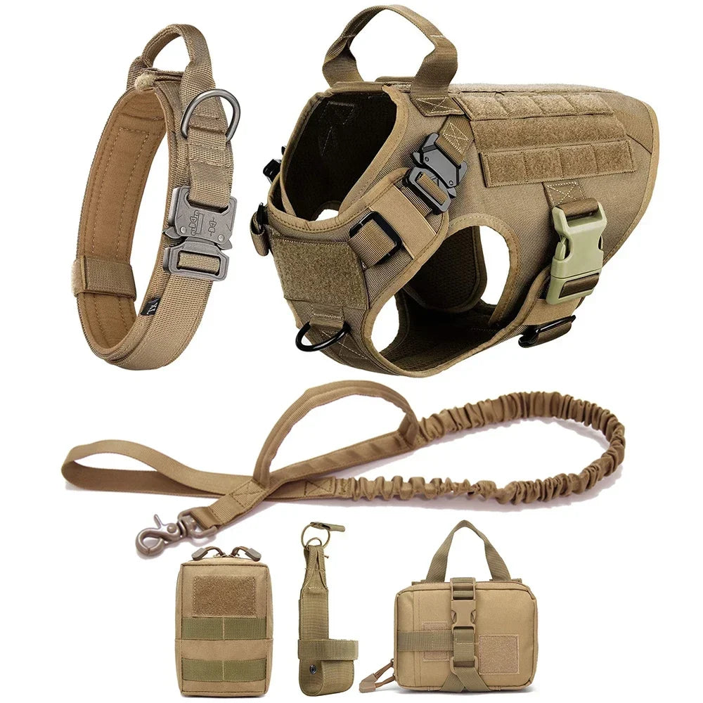 Tactical Vest Pet German Shepherd Golden Retriever Tactical Training Dog Harness and Leash Set For All Breeds Dogs - Brown Set | Purrfect Pet Kingdom