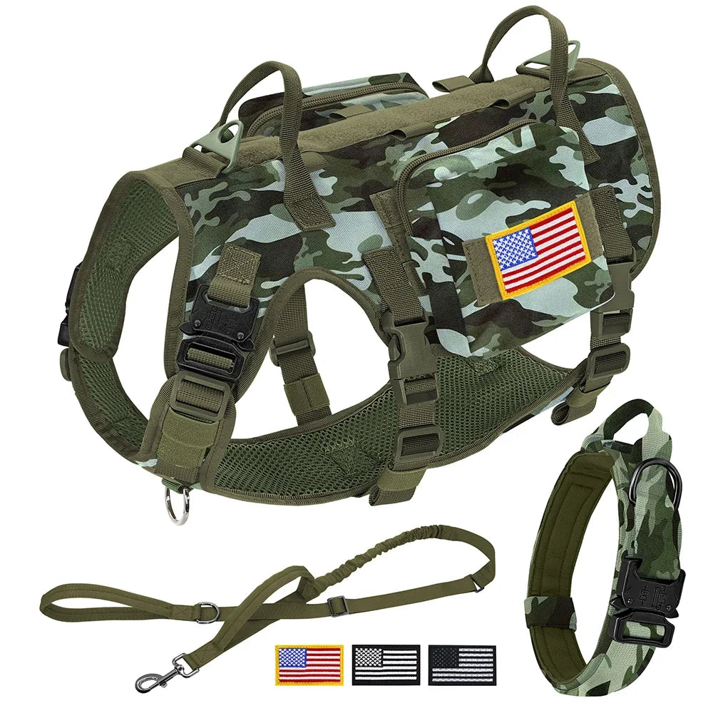 Tactical Dog Harness Collar Leash Set Military Training Pet Vest with Pouches Flags Durable Collars for Big Dogs German Shepherd - green | Purrfect Pet Kingdom
