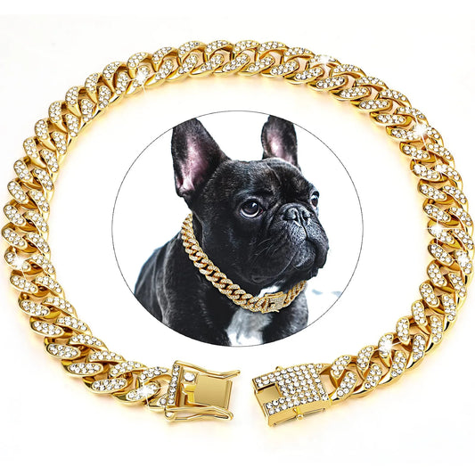 Dog Cuban Chain Collar Diamond Walking Metal Choker Jewelry - Main Feature View | Majestic Pet Kingdom