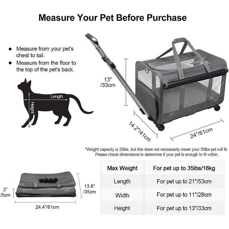 Large Pet Rolling Carrier with Wheels for Up To 30 LBS with Flexible Wheels Breathable and Collapsible Carrier for Medium Pets | Purrfect Pet Kingdom