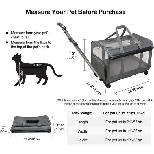 Large Pet Rolling Carrier with Wheels for Up To 30 LBS with Flexible Wheels Breathable and Collapsible Carrier for Medium Pets | Purrfect Pet Kingdom