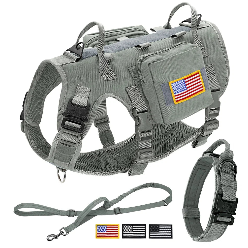 Tactical Dog Harness Collar Leash Set Military Training Pet Vest with Pouches Flags Durable Collars for Big Dogs German Shepherd - black | Purrfect Pet Kingdom