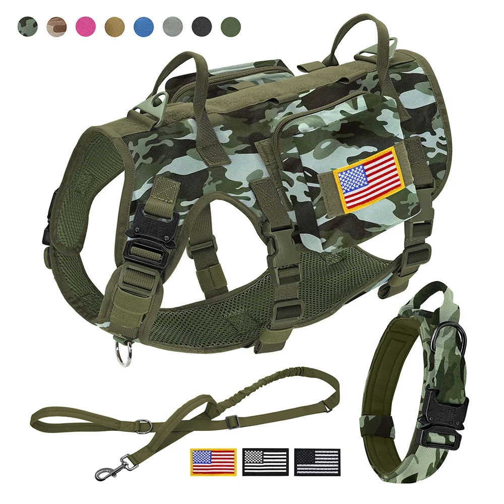Tactical Dog Harness Collar Leash Set Military Training Pet Vest with Pouches Flags Durable Collars for Big Dogs German Shepherd - Rose | Purrfect Pet Kingdom
