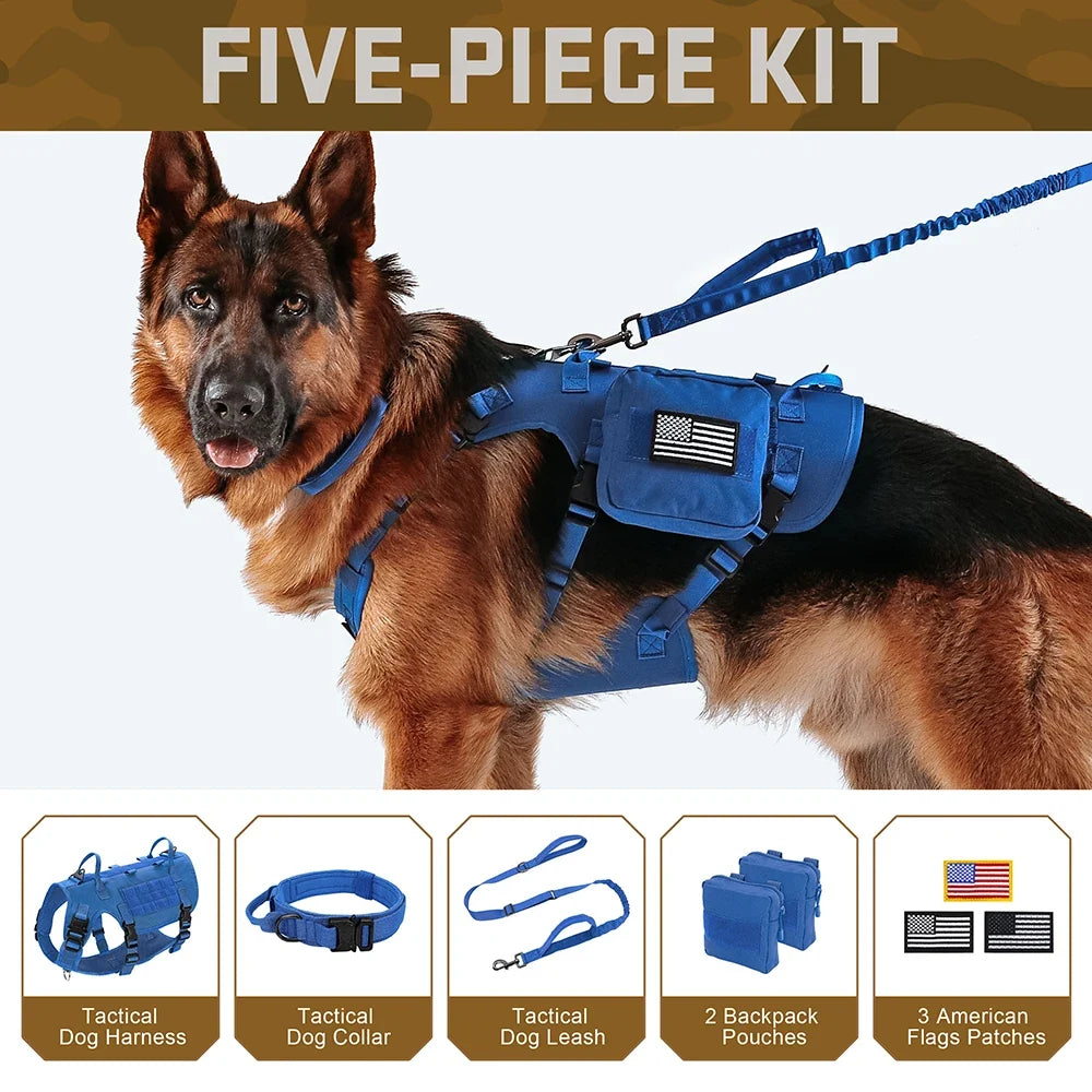Tactical Dog Harness Collar Leash Set Military Training Pet Vest with Pouches Flags Durable Collars for Big Dogs German Shepherd - KH | Purrfect Pet Kingdom