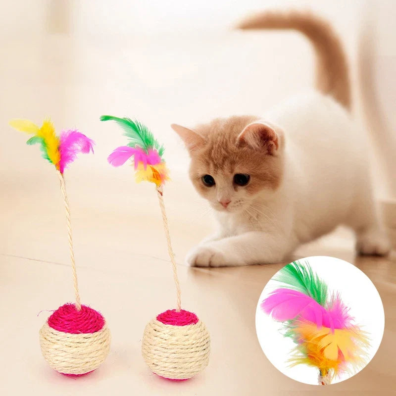 1PC Pet Cat Toy Colorful Feather Blanket Ball Grinding Claw Interactive Play Ball Cat Toy Sisal Shuttlecock Ball | Purrfect Pet Kingdom