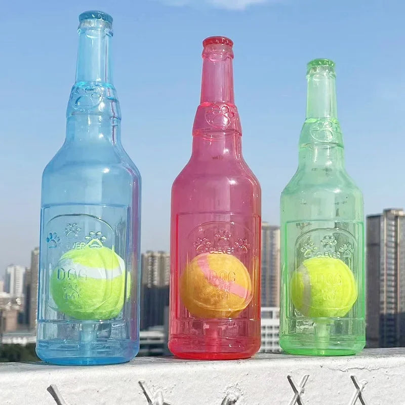 Dog Chew Toy Silicone Beer Bottle Shape Squeaker Tennis Ball Play - Detail Angle 2 | Majestic Pet Kingdom