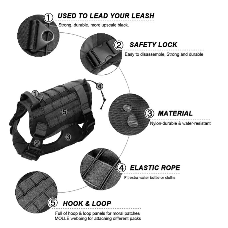 Tactical Camouflage Dog Vest Harness for Medium and Large Dogs，Easy Control and Comfortable for Hiking ，Training, and Outdoor - black collar | Purrfect Pet Kingdom
