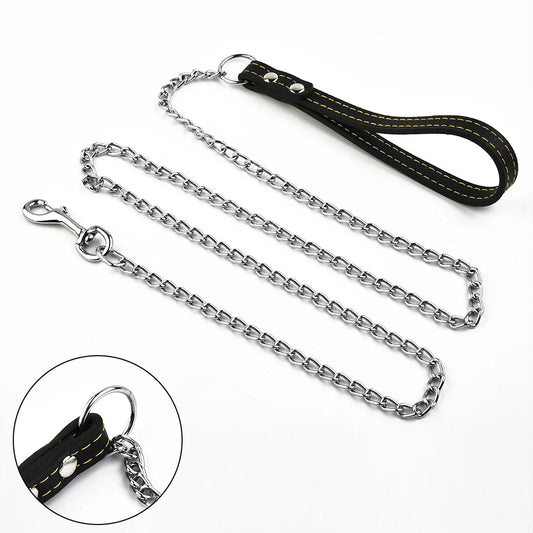 Dog Chain Leash Heavy Duty Iron Lead with Padded PU Handle - Main Feature View | Majestic Pet Kingdom