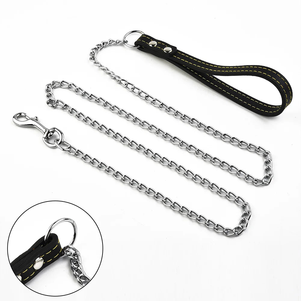 Metal Chain Dog Lead with Leather Style Handle Strong Contro