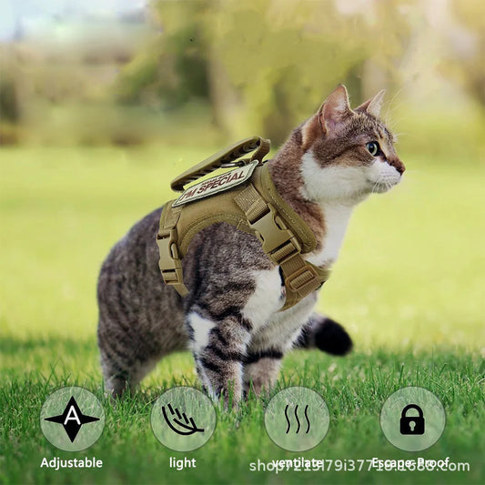 Tactical Cat Harness Reflective Outdoor Walking Vest Handle - Main Feature View | Majestic Pet Kingdom