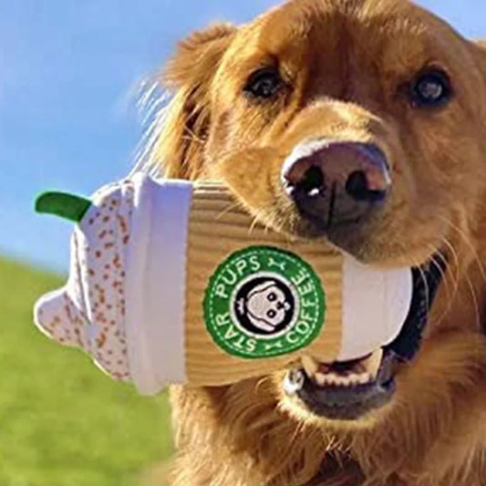 Dog Plush Toy Coffee Cup Shape Squeaky Teething Dental Chewer