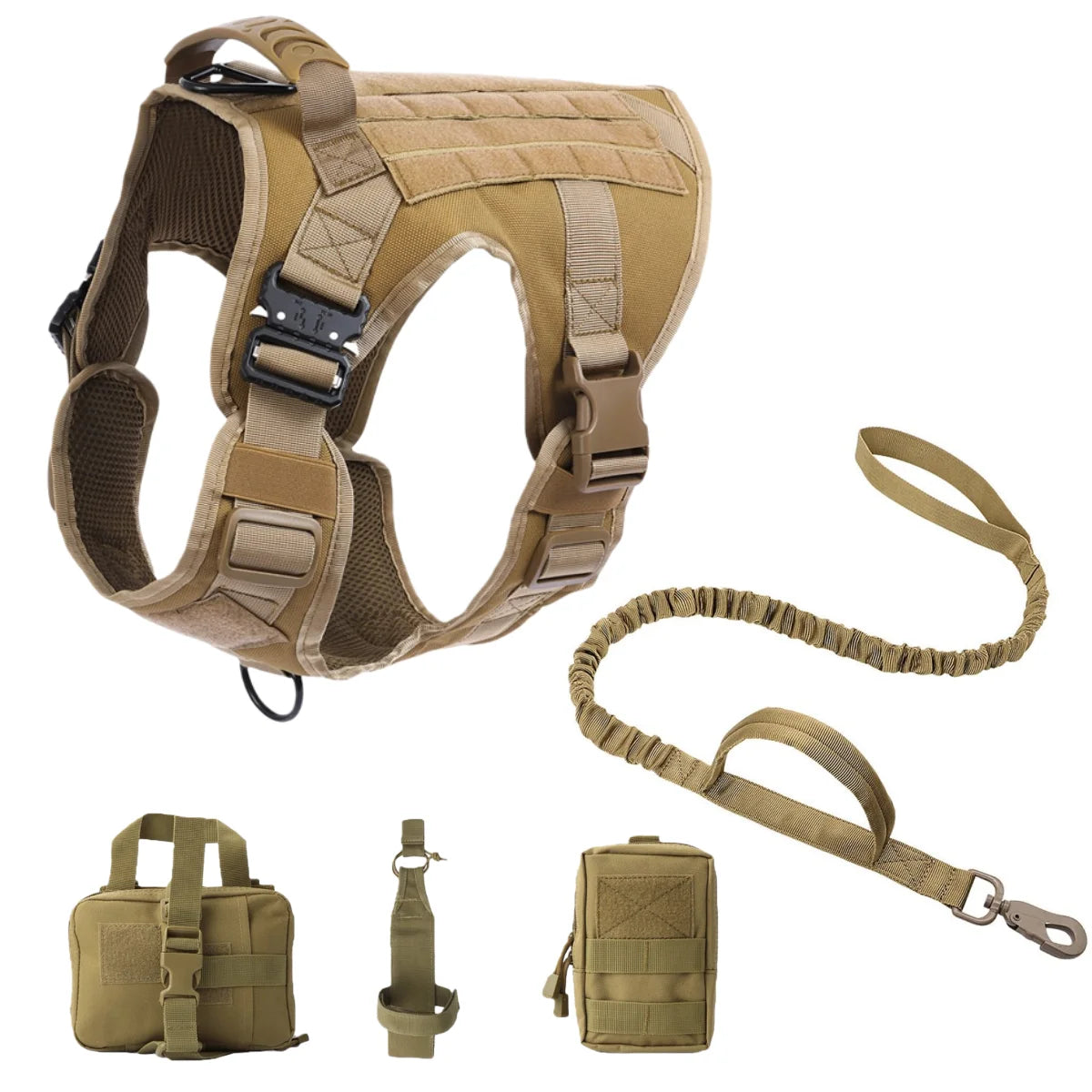 Tactical Military Vest Pet German Shepherd Golden Retriever Tactical Training Dog Harness and Leash Set For All Breeds Dogs - Brown 4 piece set | Purrfect Pet Kingdom