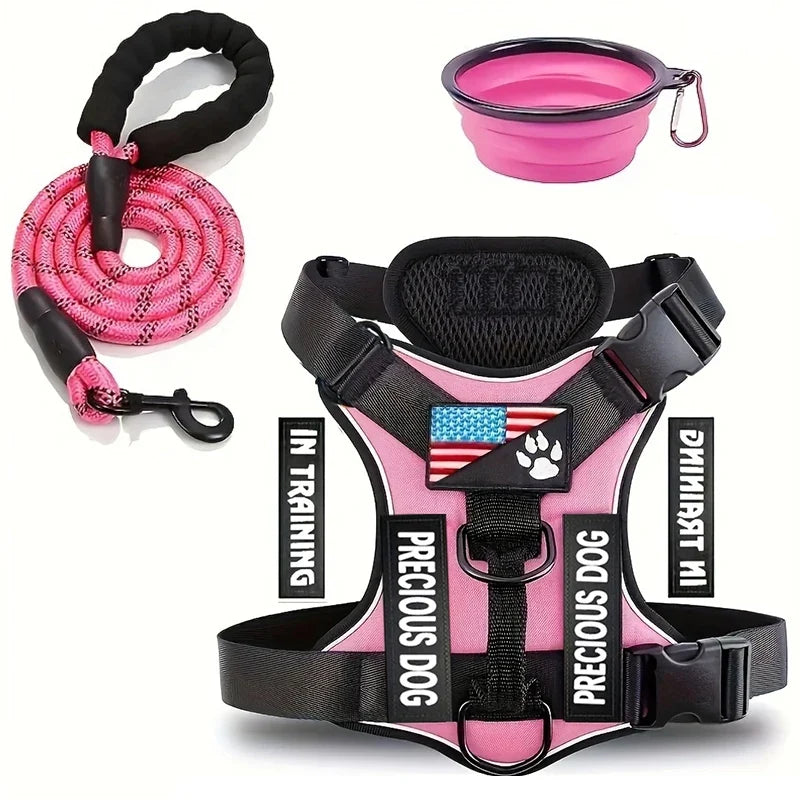 Service Dog Harness & Leash Set with 1pc Folding Bowl Reflective Adjustable Dog Vest Harness Soft Oxford Pet Harness For Small M - Majestic Pet Kingdom