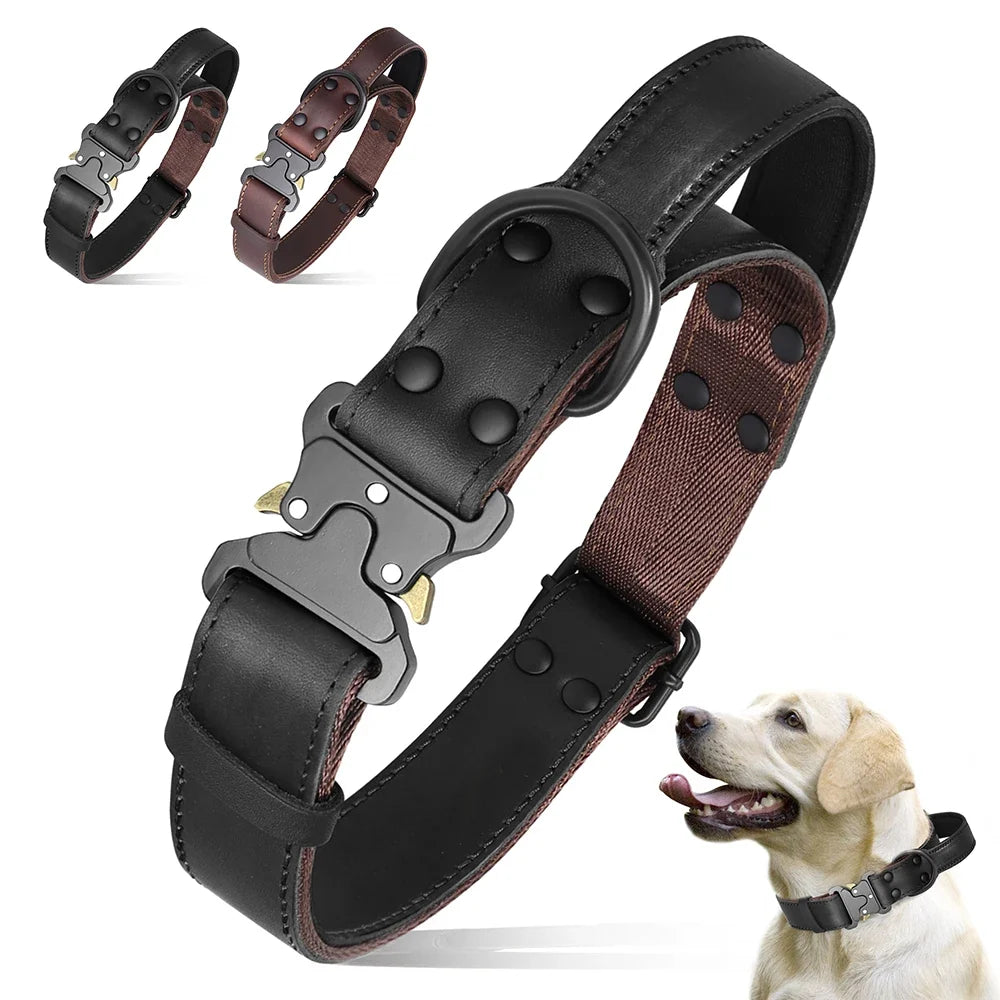 Real Leather Dog Collar With Handle Tactical Military Dog Leather | Majestic Pet Kingdom™