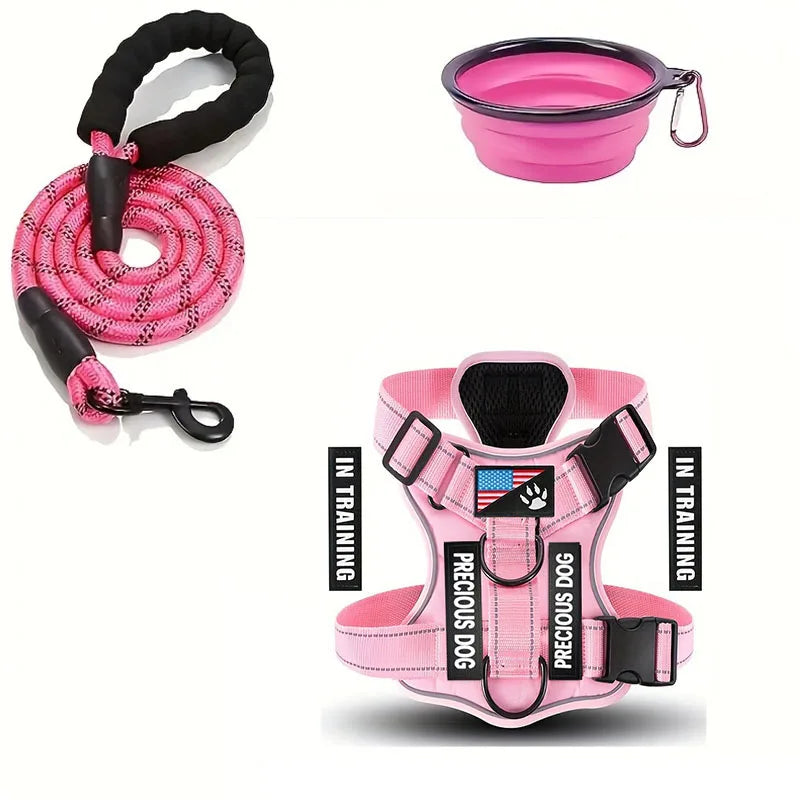 Service Dog Harness & Leash Set with 1pc Folding Bowl Reflective Adjustable Dog Vest Harness Soft Oxford Pet Harness For Small M - Majestic Pet Kingdom