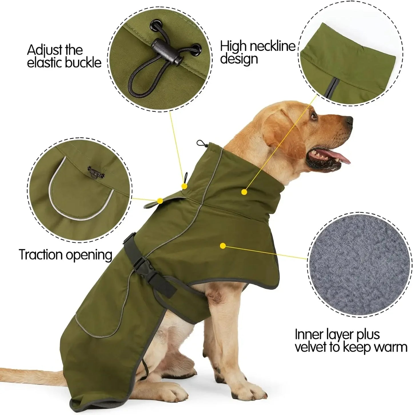 Winter Clothes for Dogs Windproof Vest Adjustable Clothes with Harness Cold Weather Waterproof Outfit for Small Medium Large Dog - Green | Purrfect Pet Kingdom