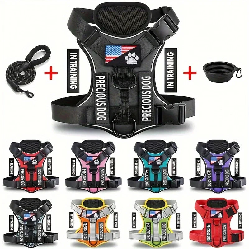 Service Dog Harness & Leash Set with 1pc Folding Bowl Reflective Adjustable Dog Vest Harness Soft Oxford Pet Harness For Small M - Majestic Pet Kingdom