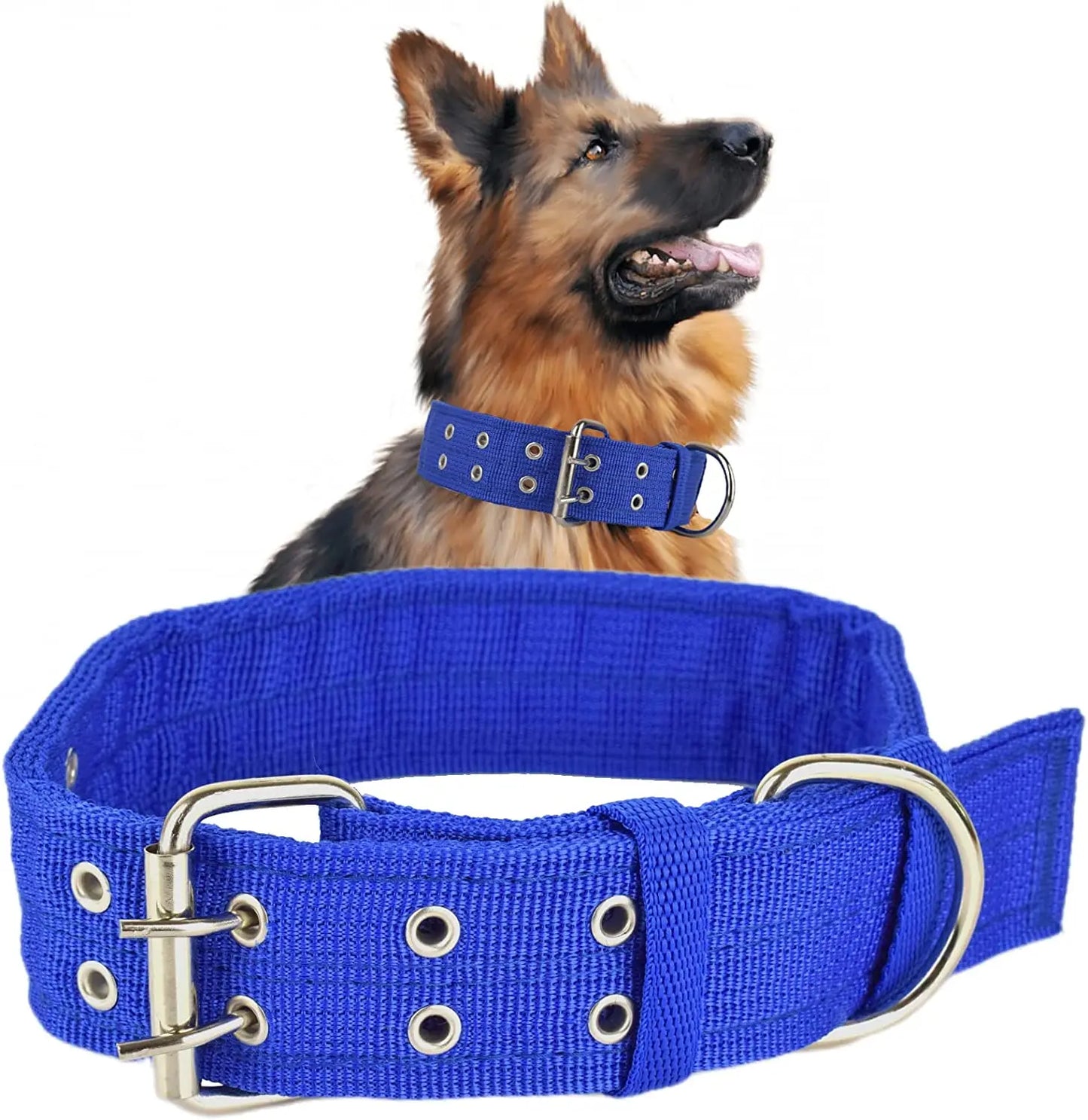 Heavy Duty Wide Military Thick Dog Collars for Large Dogs Adjustable Strong Nylon Tactical Pet Collar with 2-Rows Metal Buckle - Blue | Purrfect Pet Kingdom