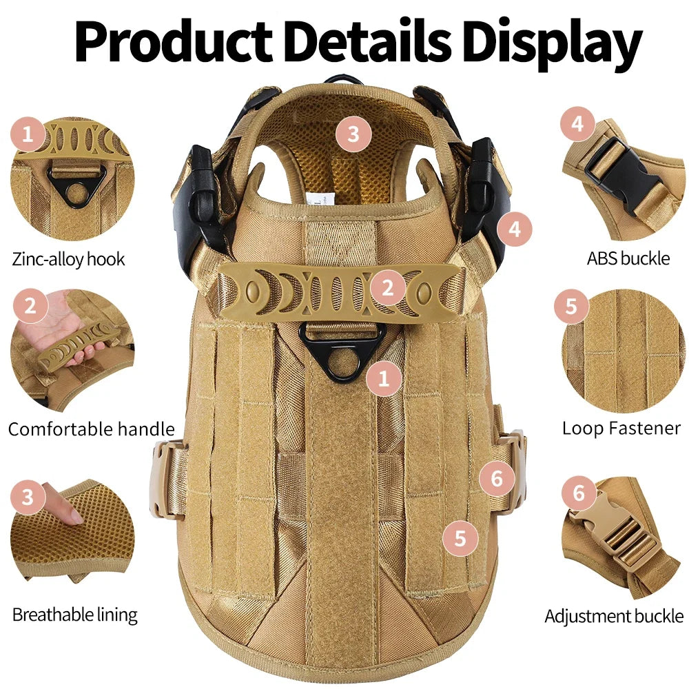 Dog Tactical Harness Vest Pet Dog Harness for Medium Large Dogs  Reflective Dog Harness No Pull with Durable Soft Handle - Khaki set | Purrfect Pet Kingdom