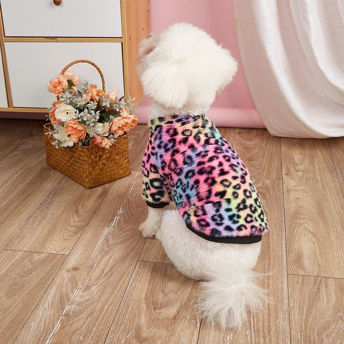 Pet Clothes for Dog Cat Puppy Tank Top Colorful Leopard Fuzzy Coat Sweatshirt Dog Outfits for Small Medium Dog for Autumn Winte - Majestic Pet Kingdom