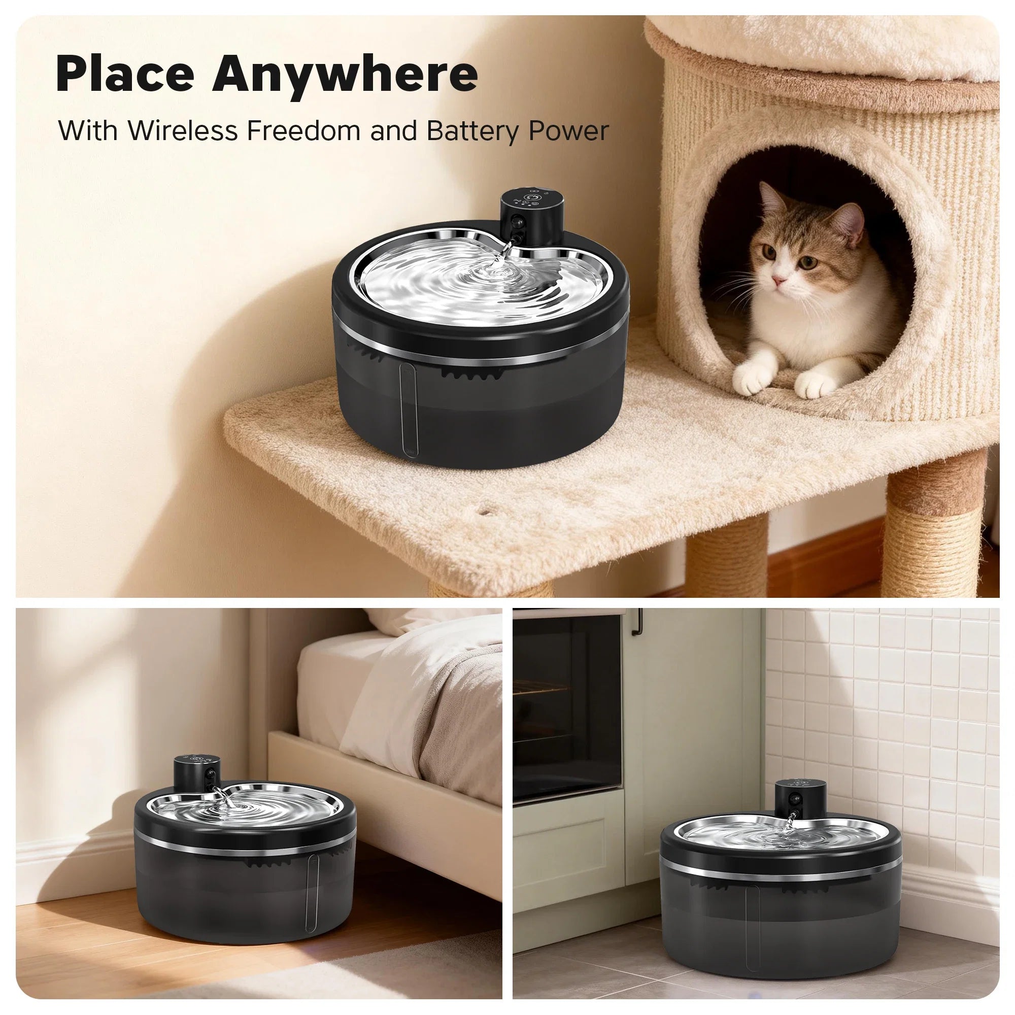 3L Wireless Cat Water Fountain Mute Pet Water Dispenser With Stainless Steel Tray and Intelligent Sensing, 4000mAh Large Battery - Majestic Pet Kingdom