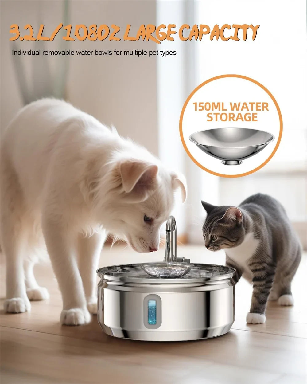 3L Stainless Steel Faucet Cat Fountain Visible Water Level Cats Water Fountain Ultra Quiet Pump Automatic Pet Fountain Bowl - Majestic Pet Kingdom