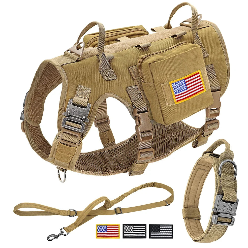 Tactical Dog Harness Collar Leash Set Military Training Pet Vest with Pouches Flags Durable Collars for Big Dogs German Shepherd - Rose | Purrfect Pet Kingdom