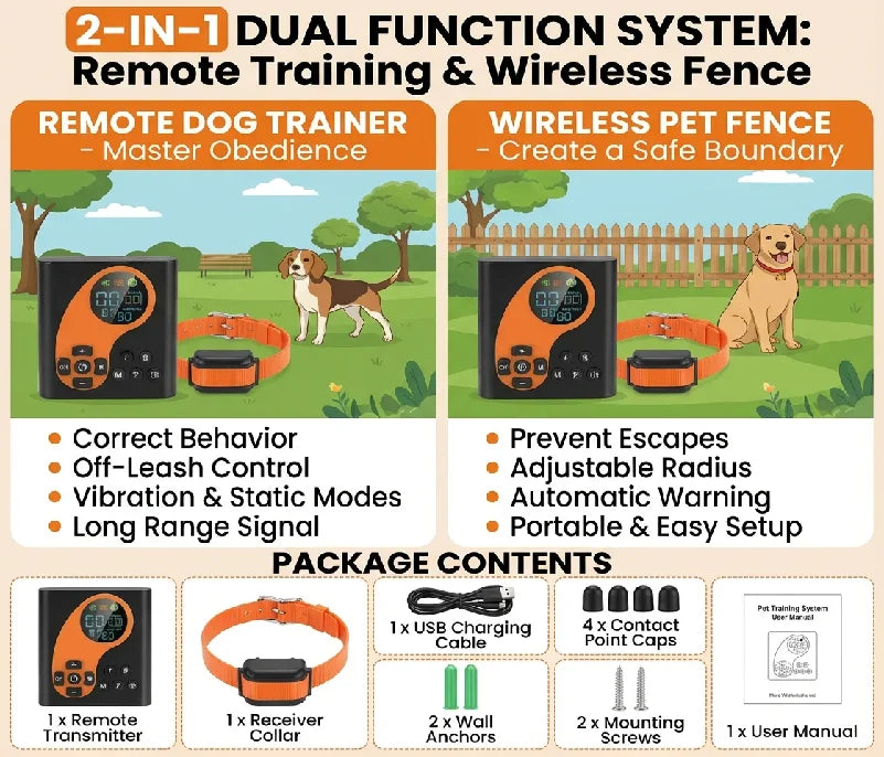 Electric Dog Fence Wireless Remote Trainer 2-in-1 Pet System