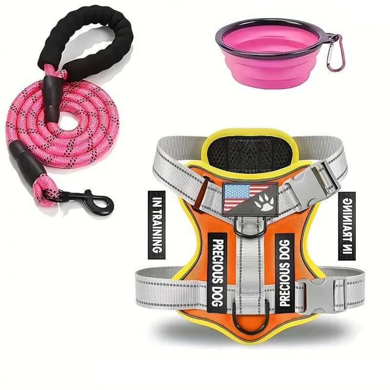 Service Dog Harness & Leash Set with 1pc Folding Bowl Reflective Adjustable Dog Vest Harness Soft Oxford Pet Harness For Small M - Majestic Pet Kingdom