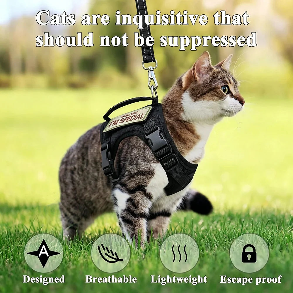 Tactical Cat Harness For Walking Escape Proof Adjustable Pet Vest Harness Soft Mesh With Control Handle For Large Cat Small Dog - Black Set | Purrfect Pet Kingdom