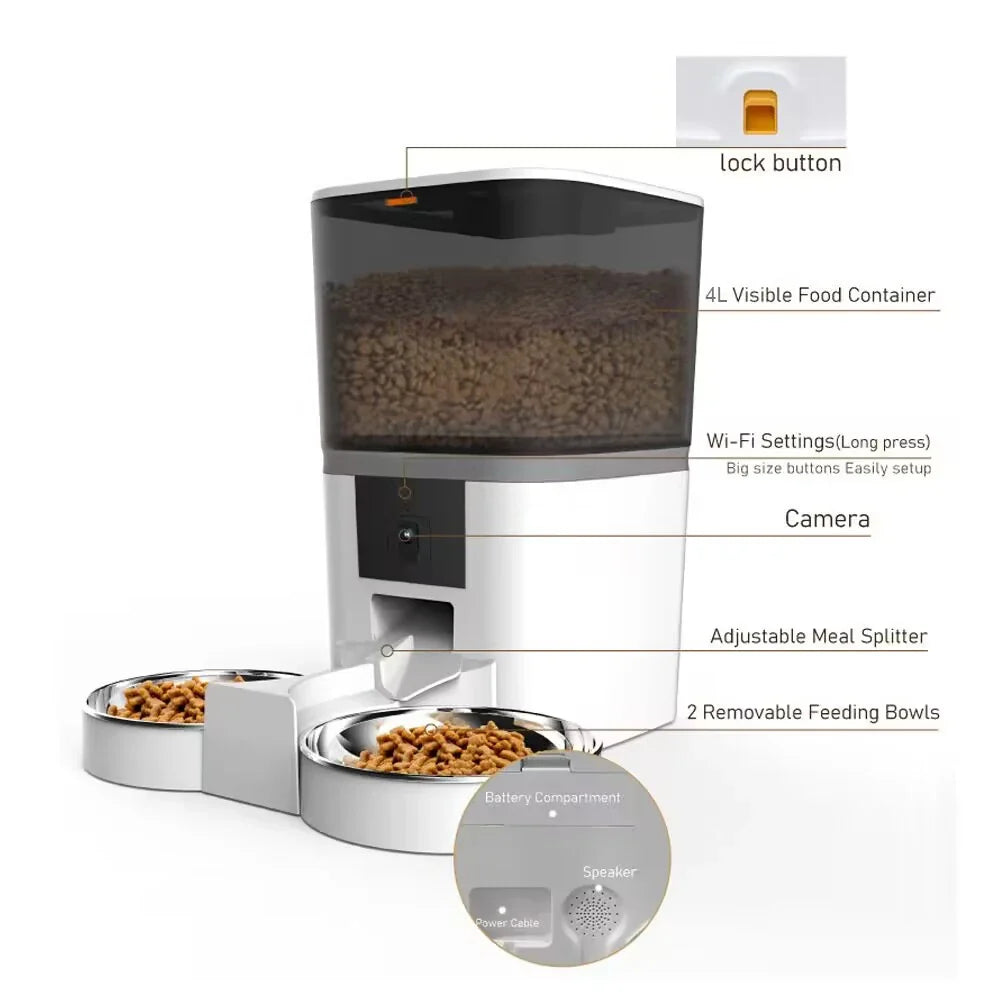 4L With HD Camera Automatic Pet Feeder Cat And Dog Food Automatic Dispenser Suitable For Two Pet Cat And Dog Feeding Remote Feed - Majestic Pet Kingdom