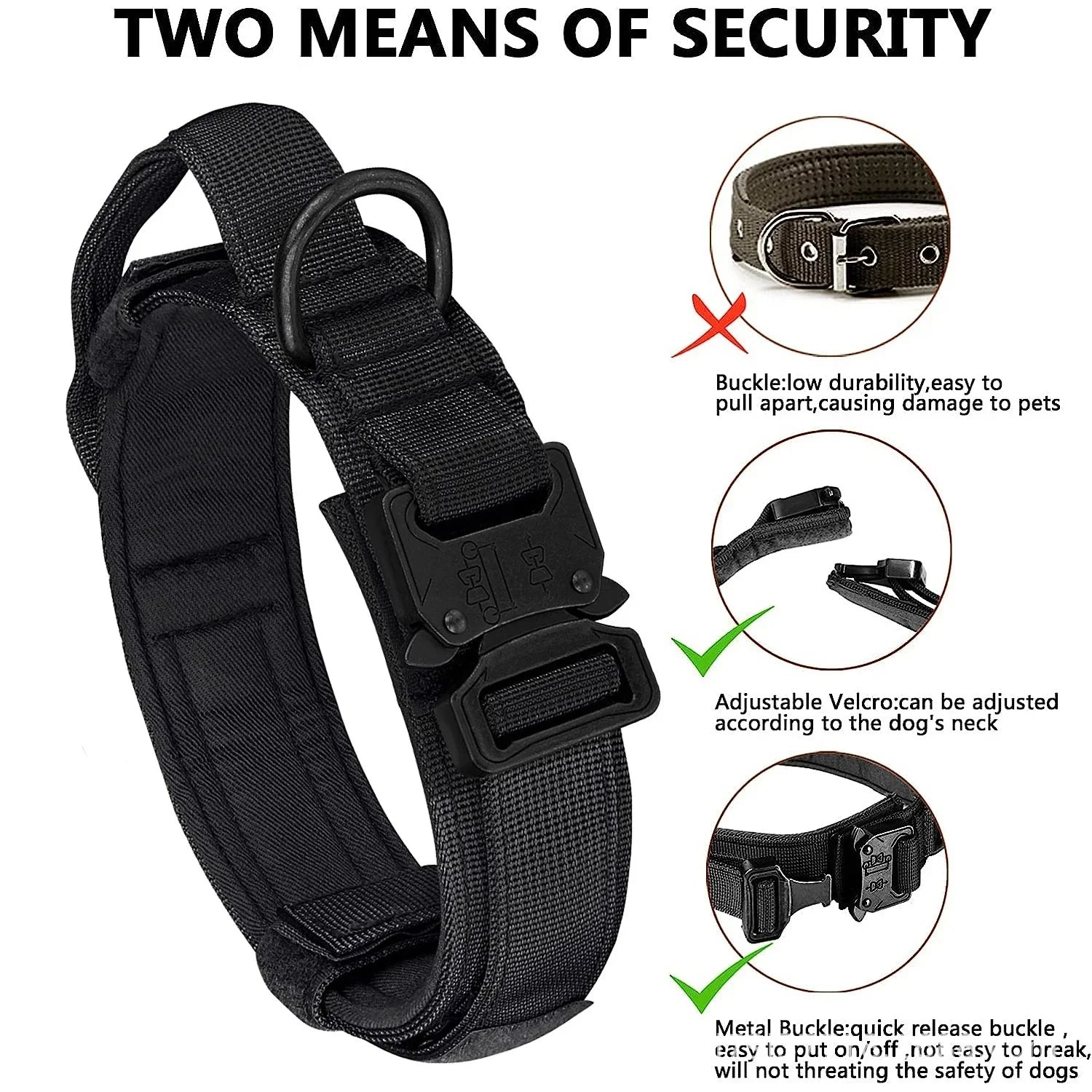 Tactical Dog Collar Adjustable Military Nylon Dog Collar with Control Handle Heavy Duty Metal Buckle for Medium Large Dogs - black | Purrfect Pet Kingdom