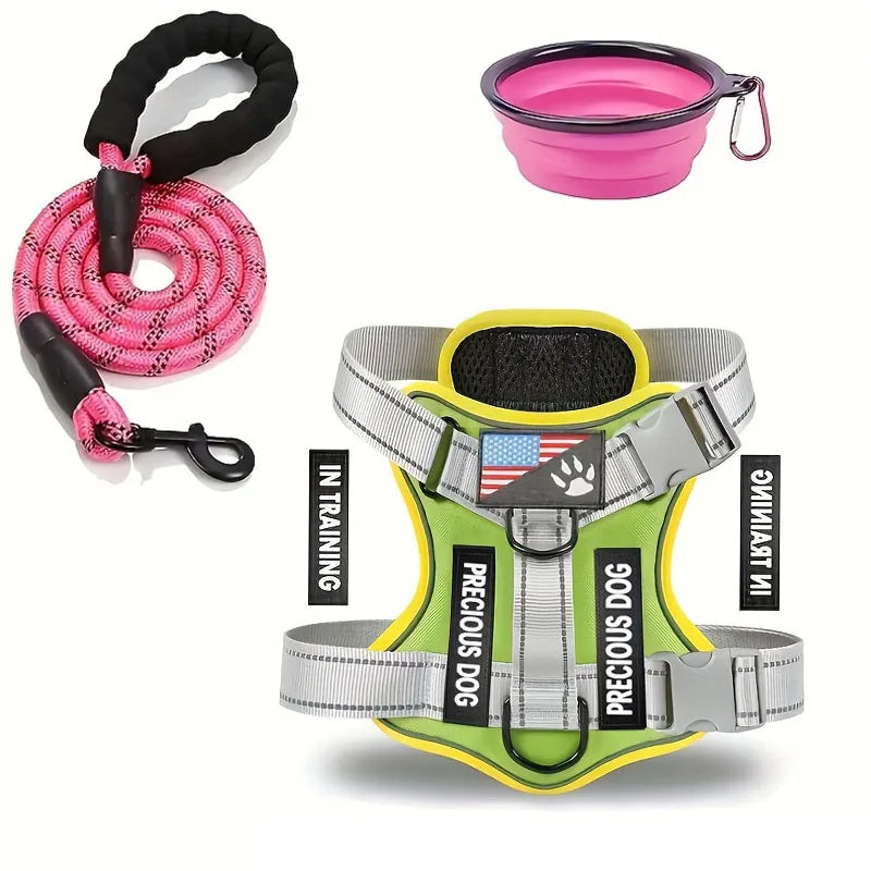 Service Dog Harness & Leash Set with 1pc Folding Bowl Reflective Adjustable Dog Vest Harness Soft Oxford Pet Harness For Small M - Majestic Pet Kingdom