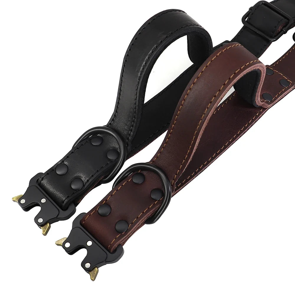 Real Leather Dog Collar With Handle Tactical Military Dog Leather Collar For Medium Large Dogs German Shepherd Training Hunting - Brown | Purrfect Pet Kingdom