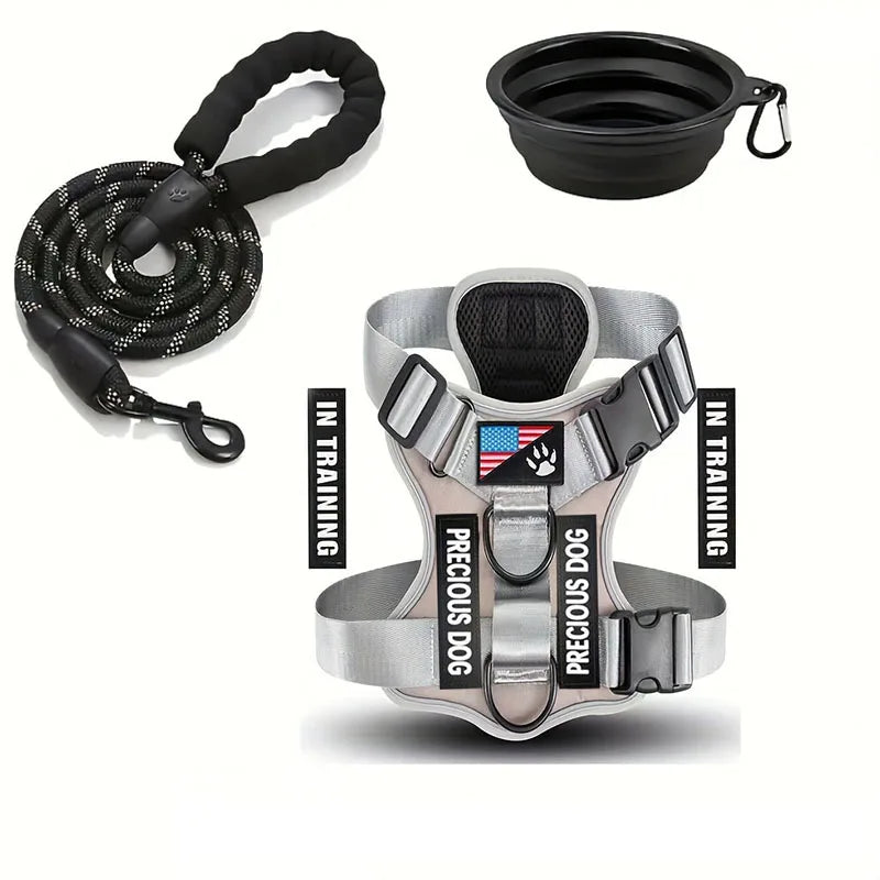 Service Dog Harness & Leash Set with 1pc Folding Bowl Reflective Adjustable Dog Vest Harness Soft Oxford Pet Harness For Small M - Majestic Pet Kingdom