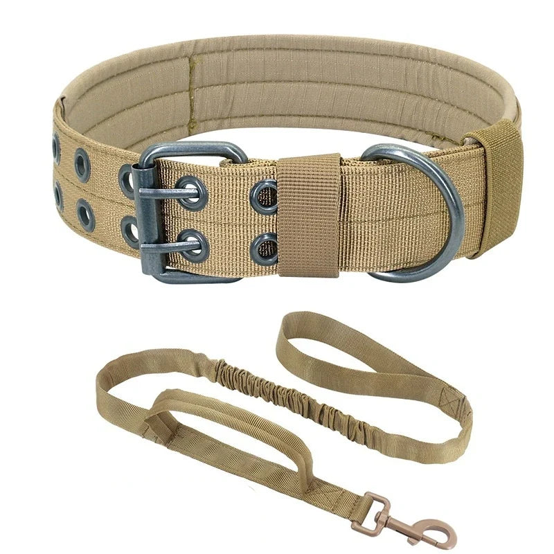 Adjustable Sturdy Tactical Dog Collar with Leash Set for Medium to Large Dogs Anti-Bite Durable Neck Collar For Strong Dogs - Khaki Set | Purrfect Pet Kingdom