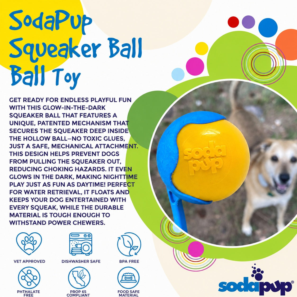 Dog Ball Toy Squeak Ball Durable Floating Rubber Fetch Chewer - Detail Angle 4 | Majestic Pet Kingdom
