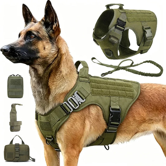 Tactical Dog Harness Collar Leash Set with Molle Pouches K9 - Main Feature View | Majestic Pet Kingdom