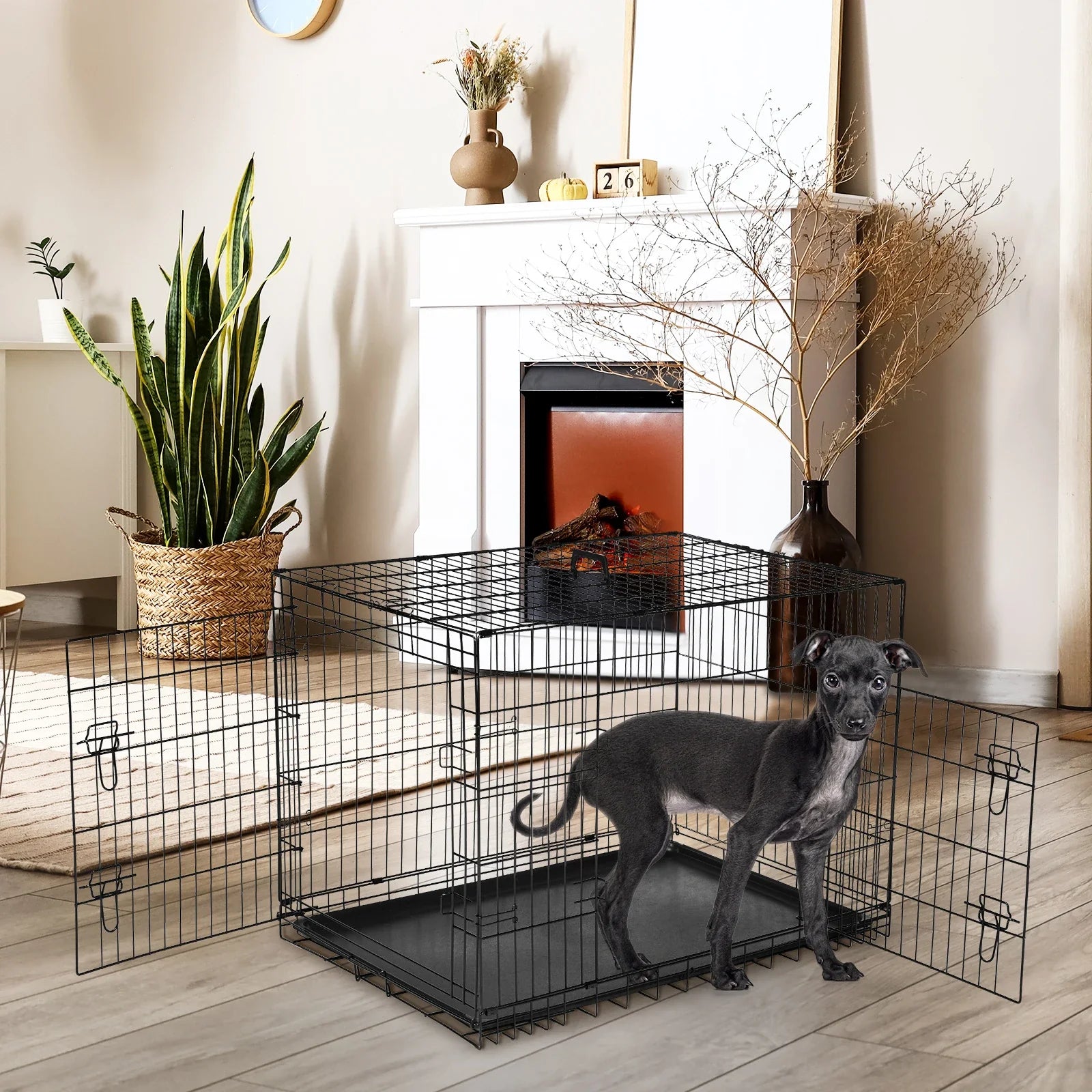 JHK Double Door Folding Dog Cage With Leakproof Pan