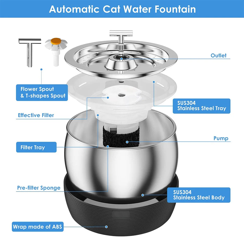 3L Auto Stainless Steel Cat Fountain 102 Oz Pet Water Dispenser Filter with Faucet Automatic Water Feeder for Cats Dogs Rabbits - Majestic Pet Kingdom