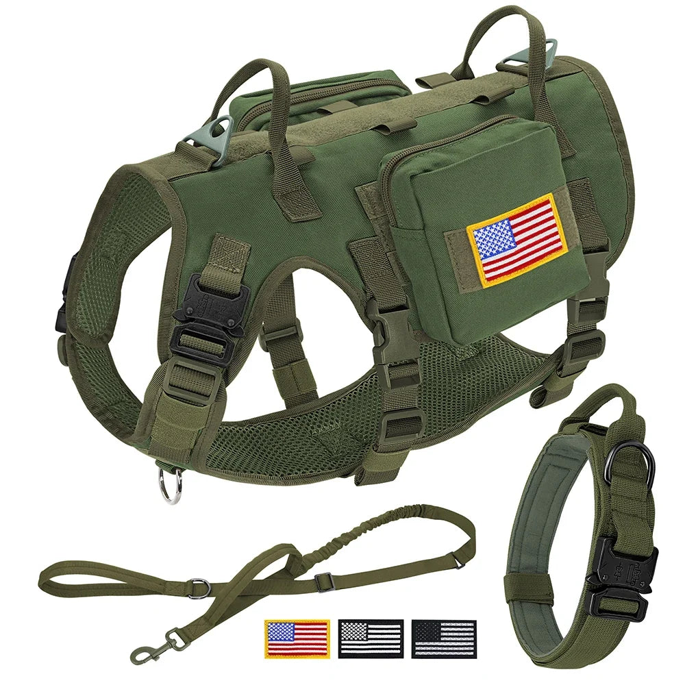 Tactical Dog Harness Collar Leash Set Military Training Pet Vest with Pouches Flags Durable Collars for Big Dogs German Shepherd - black | Purrfect Pet Kingdom